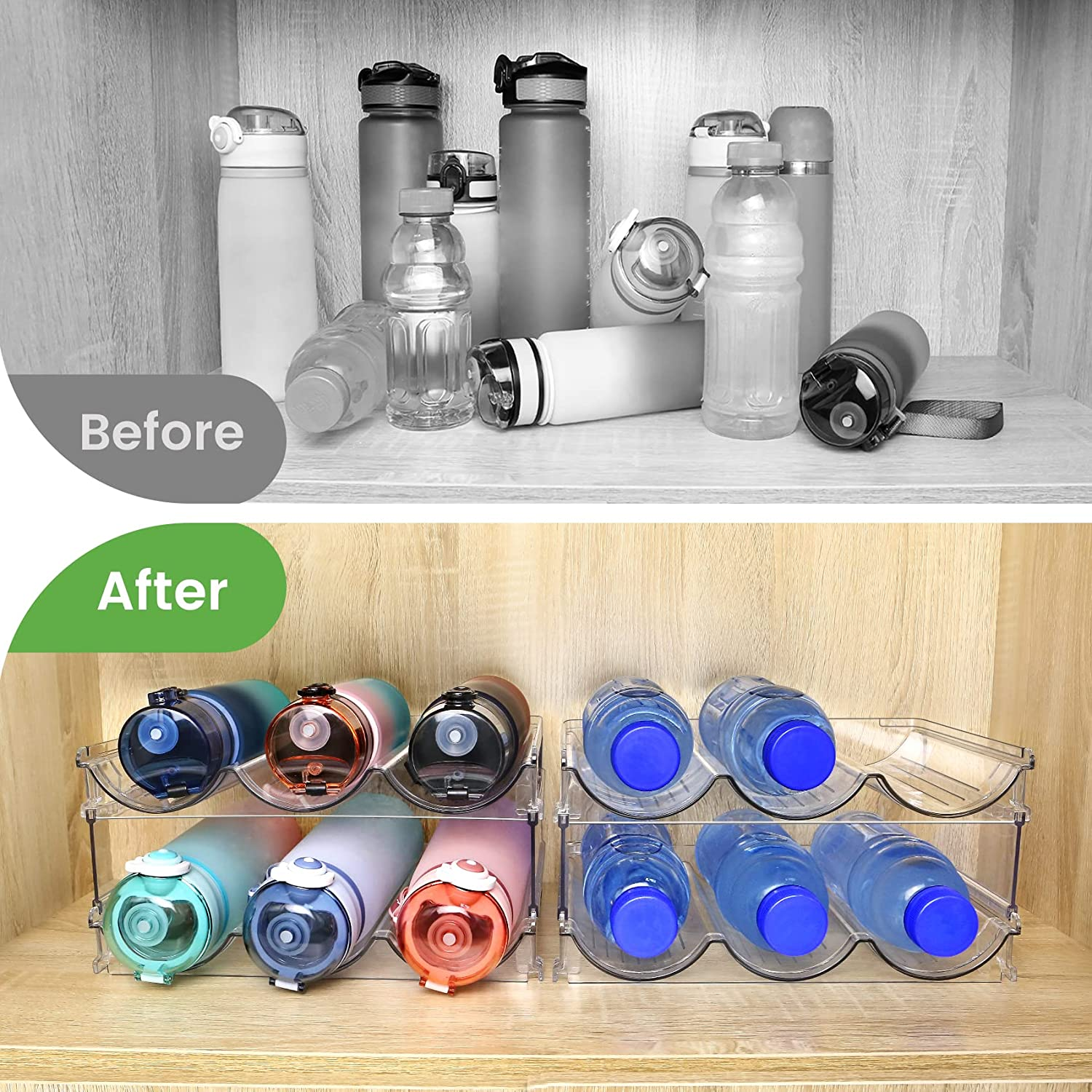 Stackable Water Bottle Organizer for Kitchen Cabinets & Refrigerators