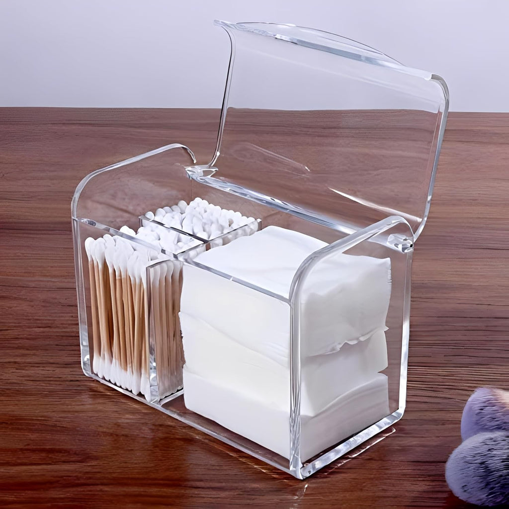 Qtip Holder Dispenser for Cotton Ball Swab,Floss,Clear | 3 Compartmen Plastic Apothecary Jars,Bathroom Organization and Storage,Vanity Organizers and Storage
